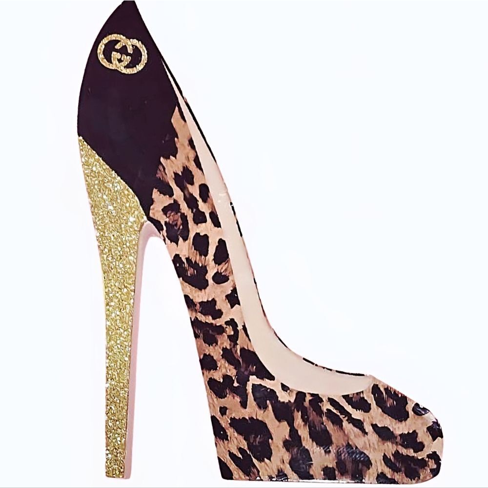 At Home Gucci Gold Glitter & Leopard Print Heel Wood Decor